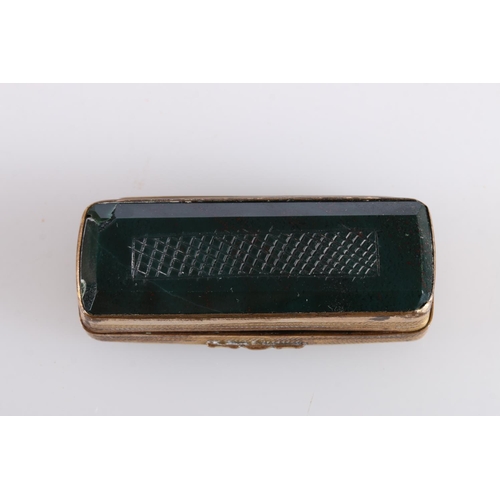 66 - Antique Scottish gilt metal vesta box, the hinged cover inset with agate and hardstone, 6cm long, 31... 