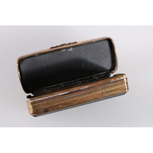 66 - Antique Scottish gilt metal vesta box, the hinged cover inset with agate and hardstone, 6cm long, 31... 