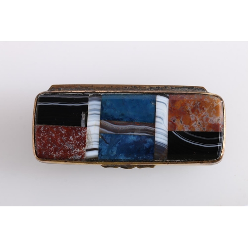 66 - Antique Scottish gilt metal vesta box, the hinged cover inset with agate and hardstone, 6cm long, 31... 