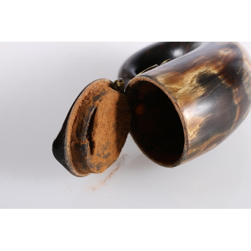 79 - Scottish antique horn snuff mull with brass mounts, 7cm tall.