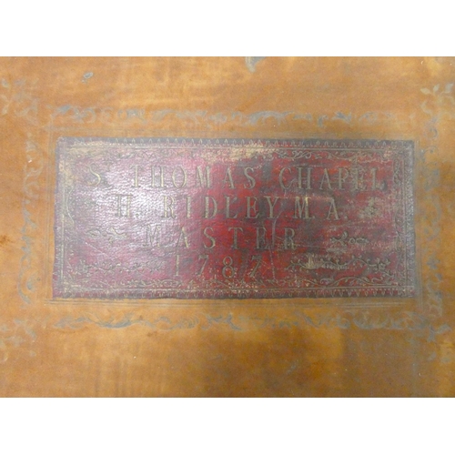 201 - The Holy Bible.  Large folio. Well worn reverse calf with label for St. Thomas' Chapel, H.... 