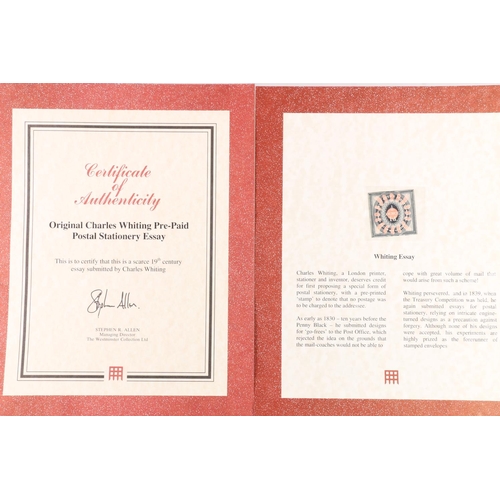 499 - Charles Whiting pre-paid postal stationary essay half ounce 1d penny stamp, with certificate of auth... 