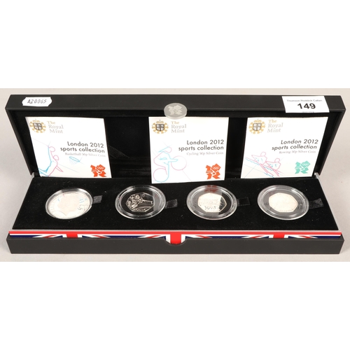 149 - The Royal Mint cased set of three silver proof fifty pence pieces London 2012, (one replaced with Ne... 