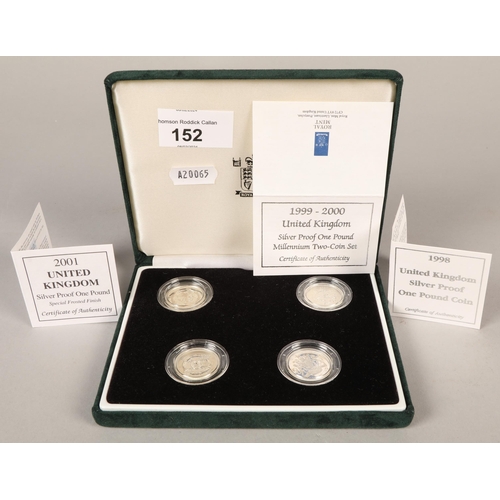 152 - Cased set of four silver proof One Pound coins.