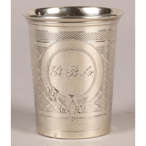 156 - White metal beaker inscribed 'R B A, marks to base 6.5 cm, 43 grams