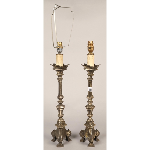 213 - Pair of Epns altar style candlesticks on triple scroll base, converted into table lamps 40cm