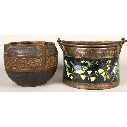 215 - Barge ware painted swing handled cauldron and a Mettlach pottery jardinière.