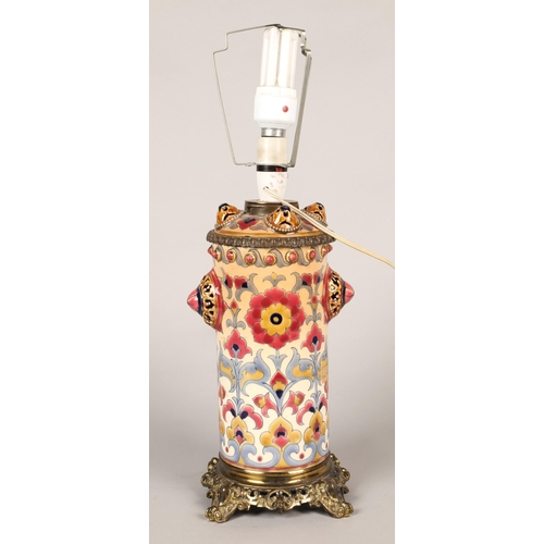 219 - Zsolnay floral decorated ceramic table lamp on brass base.