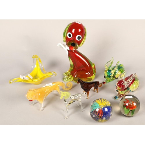 234 - Collection of coloured glass to include animals, paperweights etc.