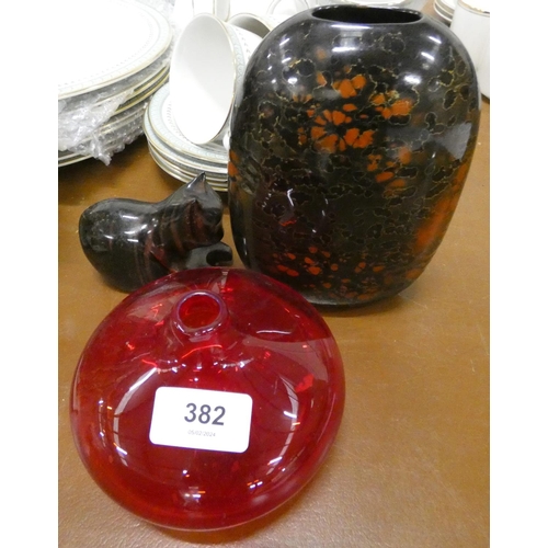 382 - Scandinavian style red glass vase and studio pottery vase and Danish design, cat paperweight. 7... 