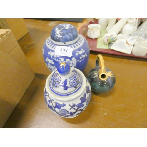 398 - Chinese blue and white Prunus pattern, ginger jar etc.