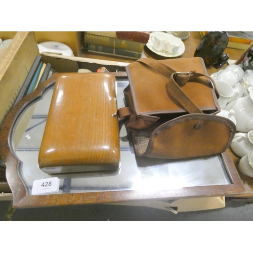 428 - Table top mirror, camera and treen box.