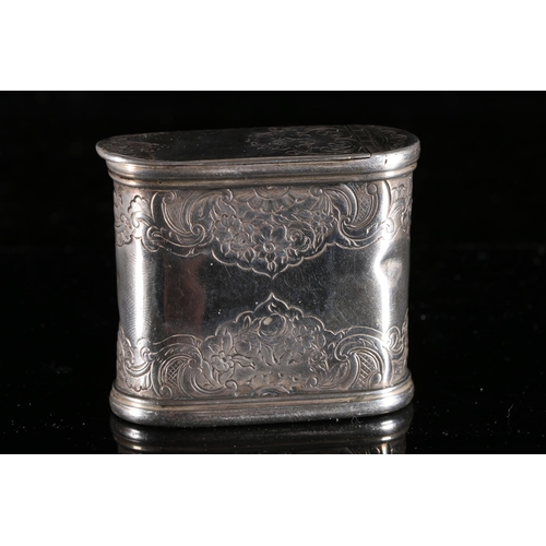 101 - Georgian antique silver table snuff box of stadium shape with incised scroll and foliage decoration,... 