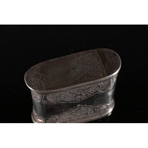 101 - Georgian antique silver table snuff box of stadium shape with incised scroll and foliage decoration,... 