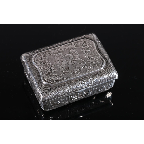 104 - Edwardian antique silver snuff box of rectangular form the cartouche top with bird feeding chick in ... 