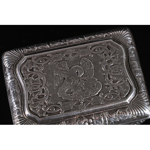 104 - Edwardian antique silver snuff box of rectangular form the cartouche top with bird feeding chick in ... 