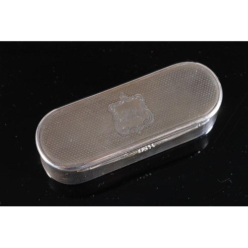 106 - Victorian antique silver snuff box of stadium shape with all over engine turned decoration, the inte... 