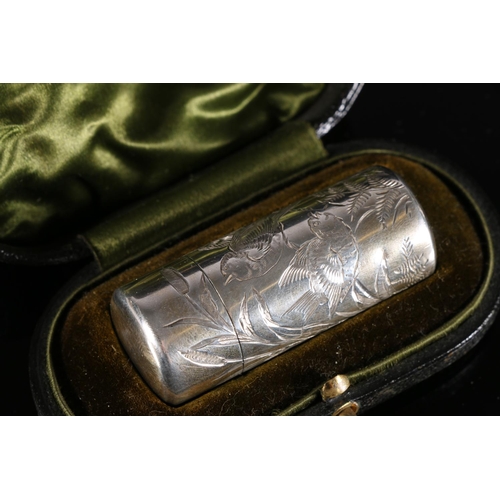 70 - Victorian parcel silver cylindrical scent bottle with incised bird, insect and cattail decoration by... 