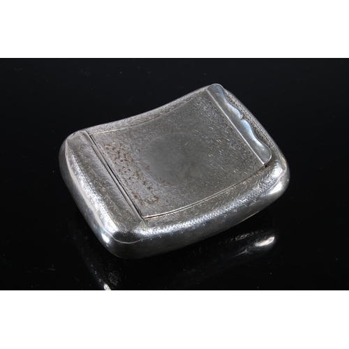 73 - Antique silver pocket tobacco box of scroll shape to fit comfortably around a leg, the body incised ... 