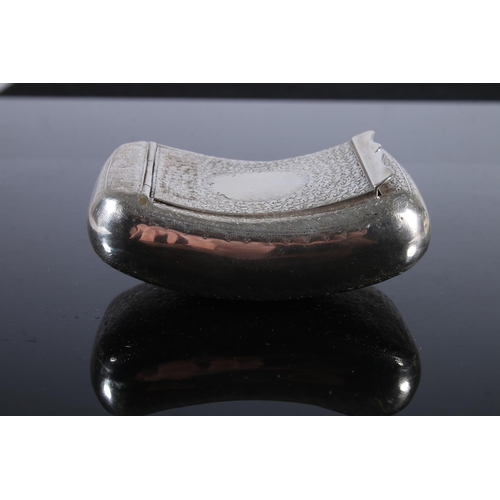 73 - Antique silver pocket tobacco box of scroll shape to fit comfortably around a leg, the body incised ... 