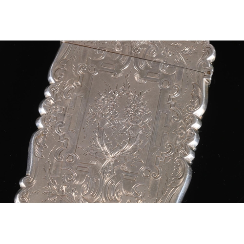 77 - Victorian antique silver card case of rectangular form with scroll edge, the body incised with cornu... 