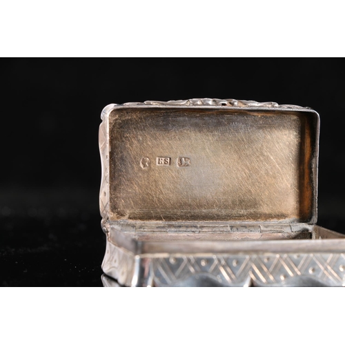 84 - Victorian antique silver snuff box of rectangular form with scroll border, the body with all over sc... 