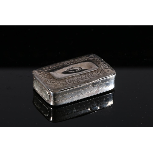 91 - Georgian antique silver snuff or vesta box of rectangular form with rounded corners, the edge with s... 