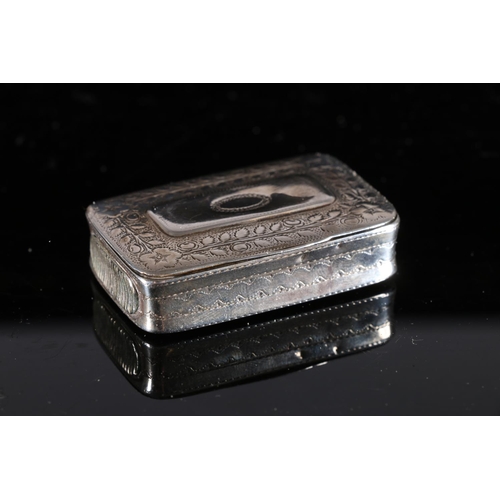 91 - Georgian antique silver snuff or vesta box of rectangular form with rounded corners, the edge with s... 