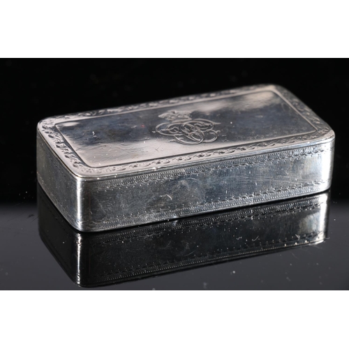 98 - Georgian antique silver snuff box of rectangular form with rounded corners, incised borders and nail... 