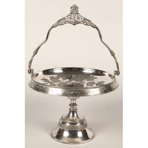 142 - Ornate silver plated cake basket with handle and raised base