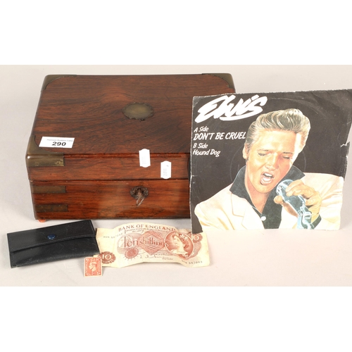 290 - Small mahogany storage box with Elvis Presley record