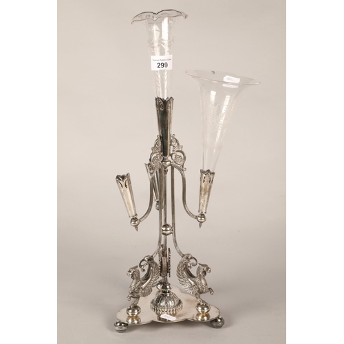 299 - Ornate silver plated glass epergne (2 glass holders missing), 35.5cm height