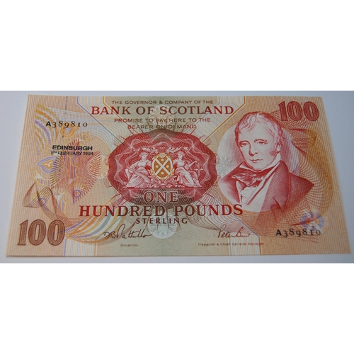 174 - Bank of Scotland uncirculated £100 banknote from the Walter Scott series, 133-7, issued February 9, ... 