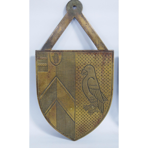 302 - Pair of ship's bulkhead bronzed plaques with triangular strap mount above pennant-shaped plaque, bea... 