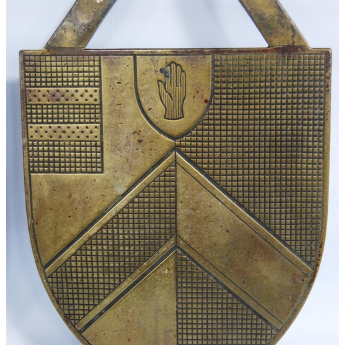 302 - Pair of ship's bulkhead bronzed plaques with triangular strap mount above pennant-shaped plaque, bea... 