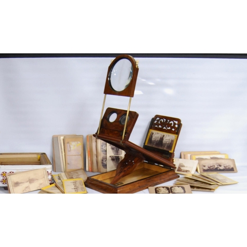 274 - Victorian walnut table viewer and a collection of viewing cards.