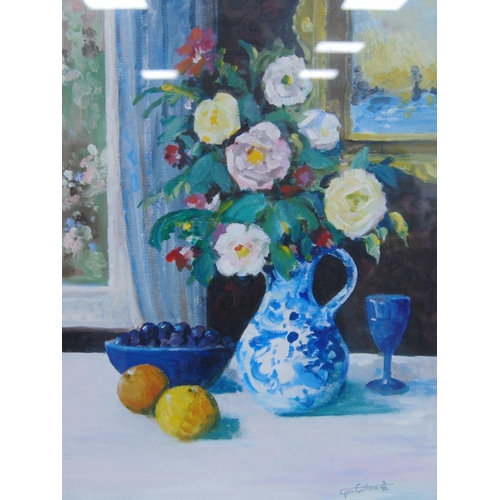 329 - George Cullen (Contemporary)Still life of flowers and fruitSigned and dated 3-98, acrylic on canvas,... 