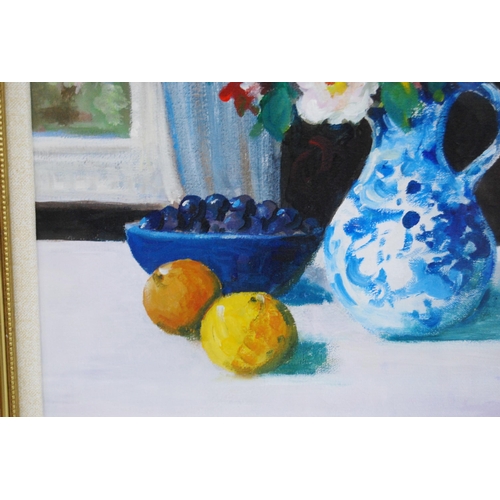 329 - George Cullen (Contemporary)Still life of flowers and fruitSigned and dated 3-98, acrylic on canvas,... 