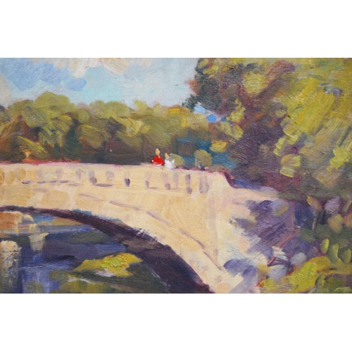 331 - JD Henderson (Scottish)Bridge over the River CartSigned, oil on board, 44cm x 59cm.... 