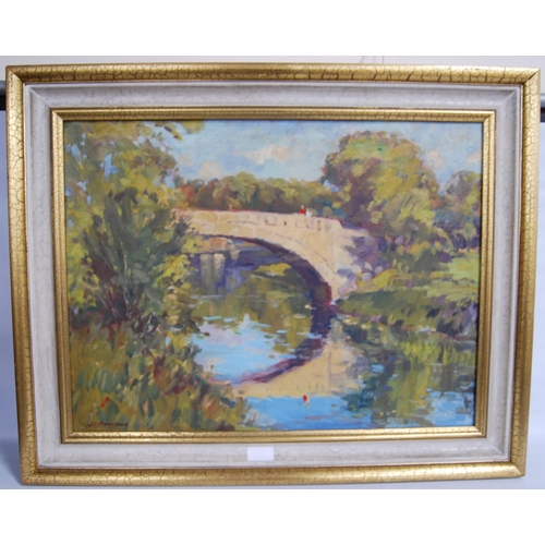 331 - JD Henderson (Scottish)Bridge over the River CartSigned, oil on board, 44cm x 59cm.... 