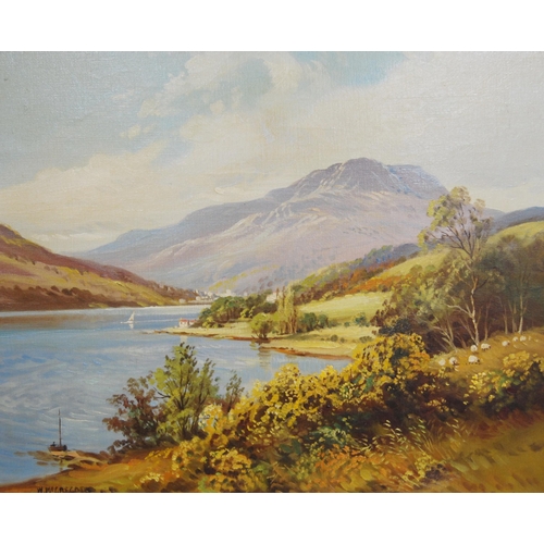 332 - W McGregor (Scottish)Scottish loch sceneSigned, oil on canvas, 48cm x 58.5cm.Label verso for John Ma... 