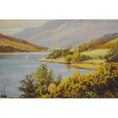 332 - W McGregor (Scottish)Scottish loch sceneSigned, oil on canvas, 48cm x 58.5cm.Label verso for John Ma... 