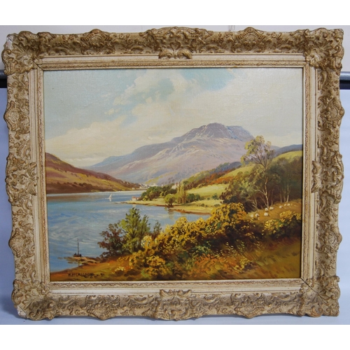 332 - W McGregor (Scottish)Scottish loch sceneSigned, oil on canvas, 48cm x 58.5cm.Label verso for John Ma... 