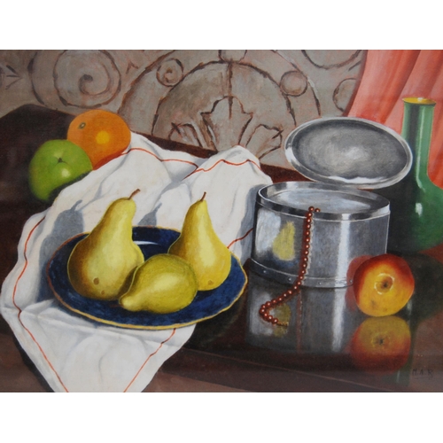 337 - Marcel A Rencoul (Scottish)Pewter & Pears (still life)Initialled MAR, oil on board, 34cm x 44.5c... 