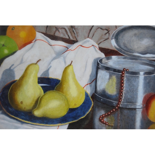 337 - Marcel A Rencoul (Scottish)Pewter & Pears (still life)Initialled MAR, oil on board, 34cm x 44.5c... 