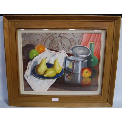 337 - Marcel A Rencoul (Scottish)Pewter & Pears (still life)Initialled MAR, oil on board, 34cm x 44.5c... 