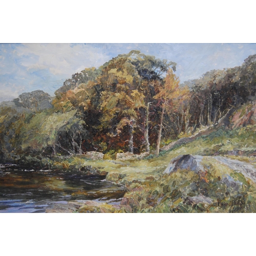 338 - Elaine Phillips (British)River and country landscapeSigned, oil on canvas, 33.5cm x 52cm.Label verso... 