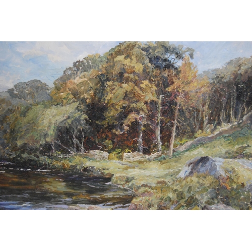 338 - Elaine Phillips (British)River and country landscapeSigned, oil on canvas, 33.5cm x 52cm.Label verso... 