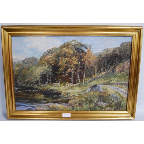 338 - Elaine Phillips (British)River and country landscapeSigned, oil on canvas, 33.5cm x 52cm.Label verso... 