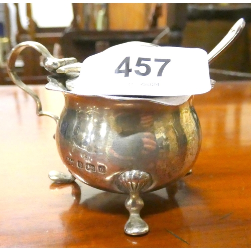 457 - Small silver preserve pot and spoon.